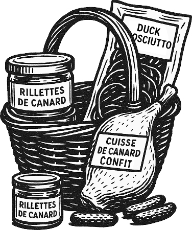 Illustration of a natural basket with duck rilletes, duck prosciutto, duck confit