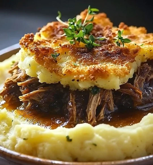 Classic duck parmentier with golden mashed potato crust