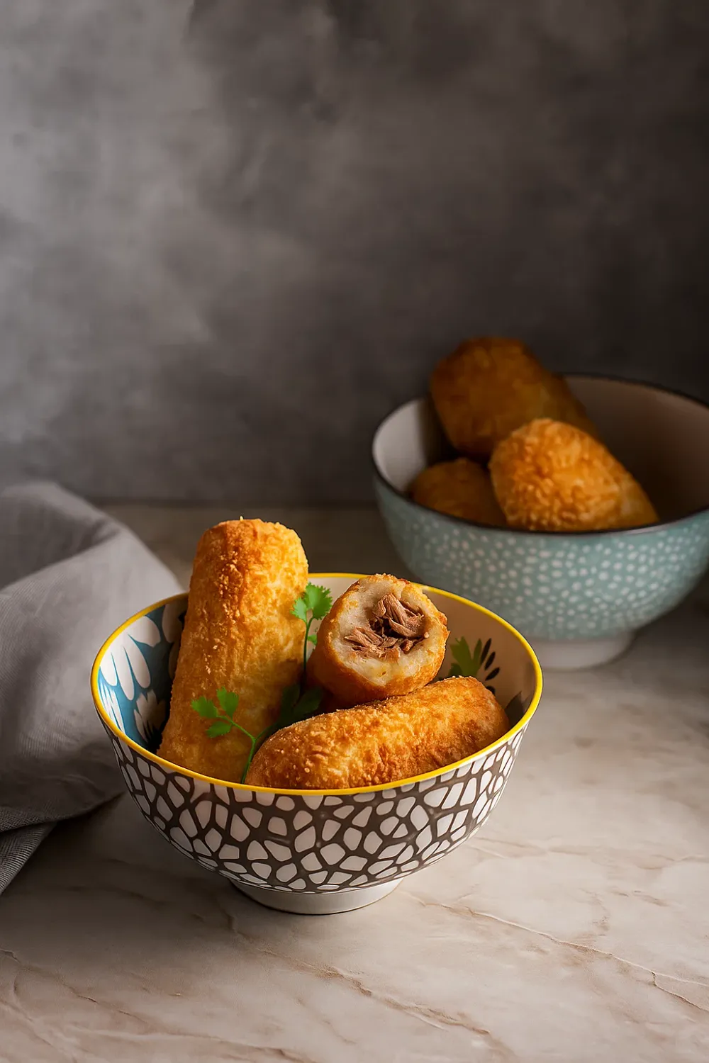 Crispy duck confit croquetas on a plate