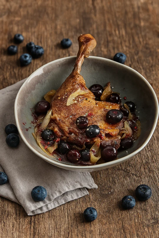 Duck leg confit served with berry sauce.
