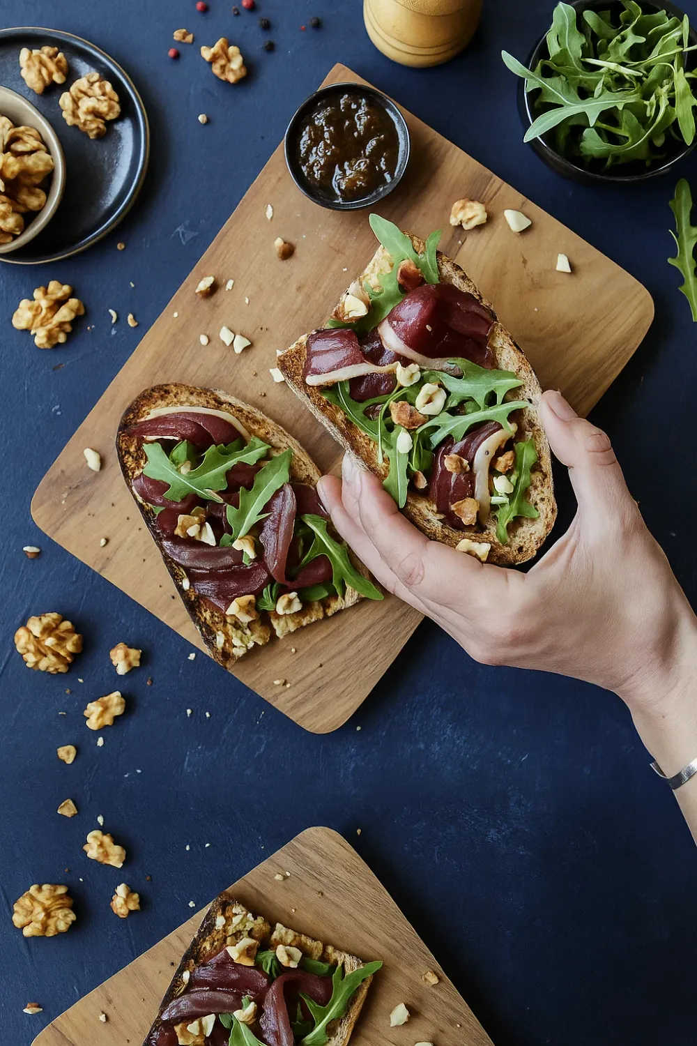Tartines topped with duck prosciutto, cheese, and nuts
