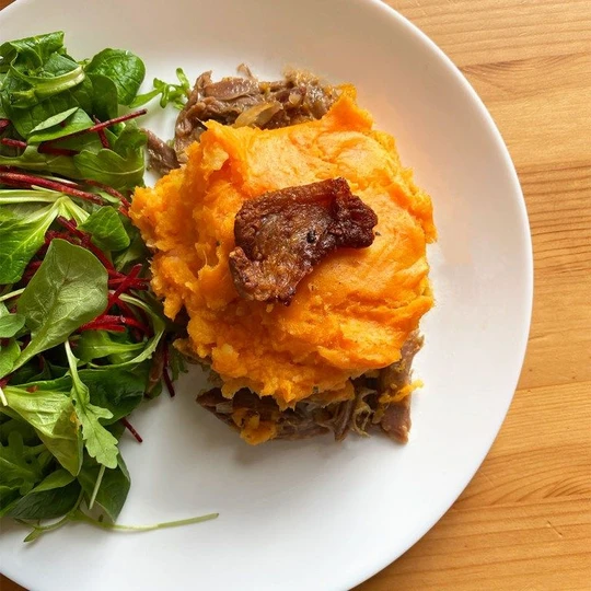 Sweet potato duck parmentier with golden crust